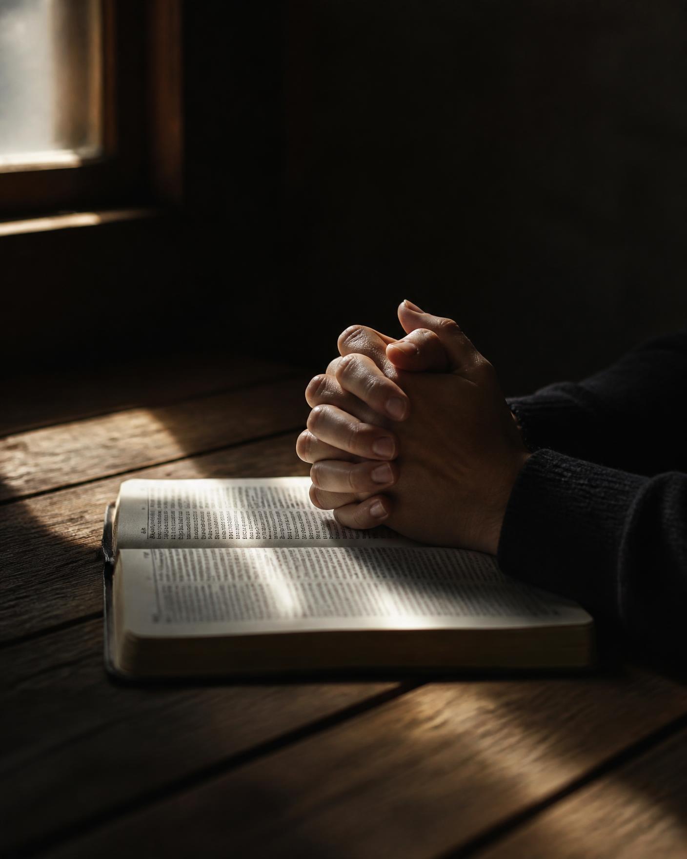 Hands clasped in prayer over an open Bible