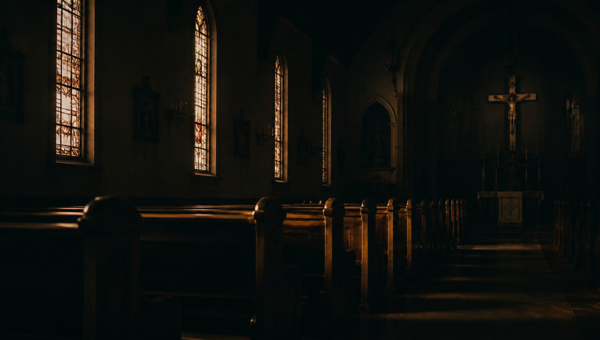 Warm evening light across empty sanctuary pews